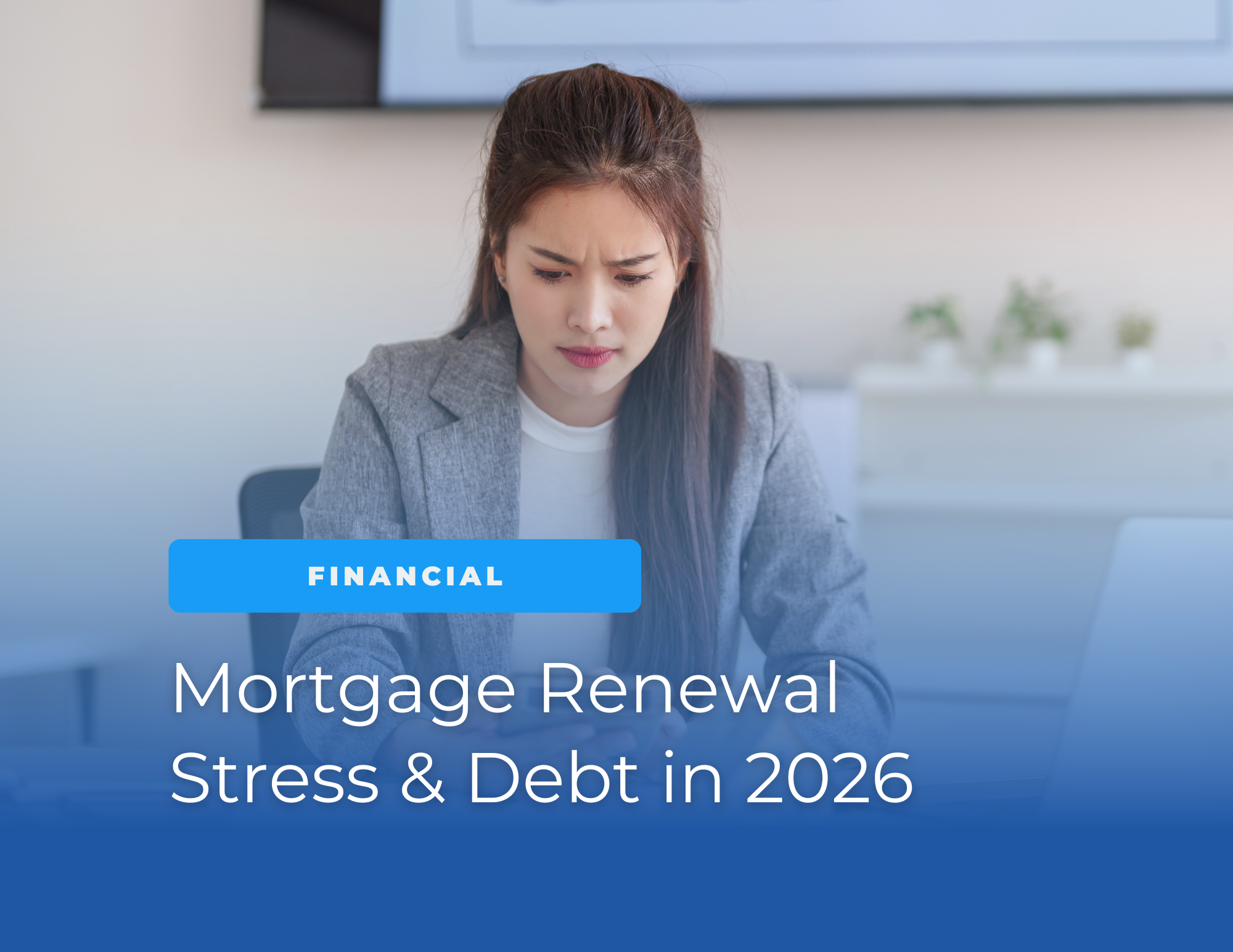 a woman looking at mortgage renewal documents with a stressful look and concern on her face