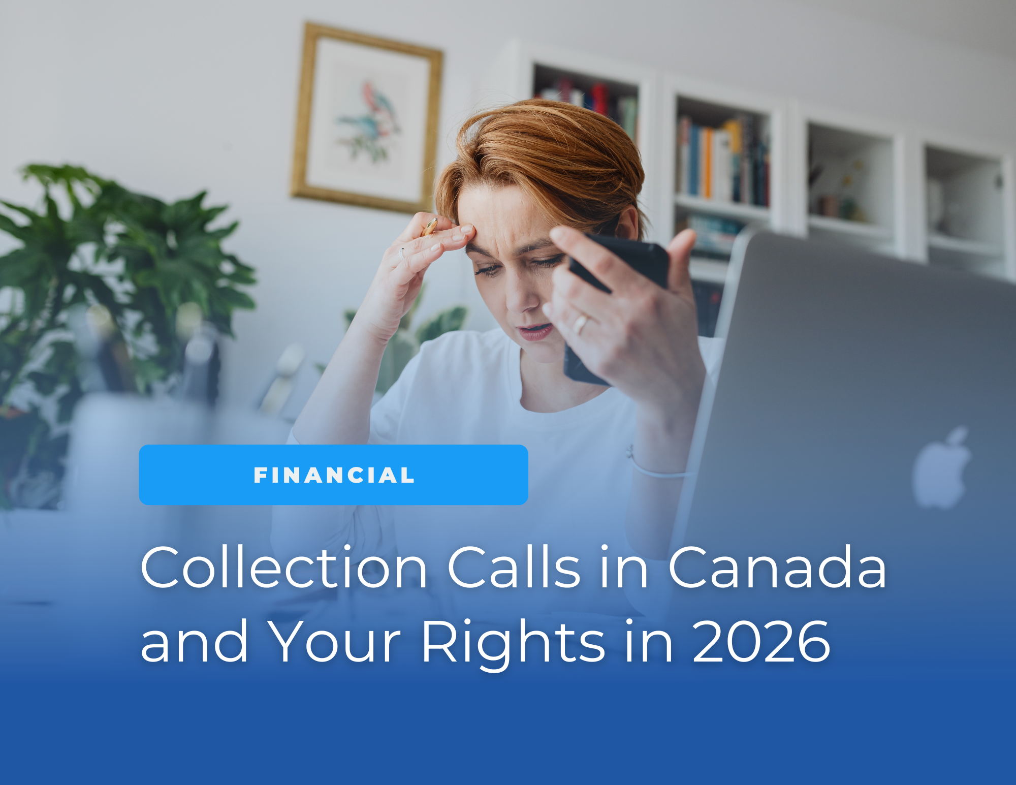 a woman stressed out on the phone to a collection call
